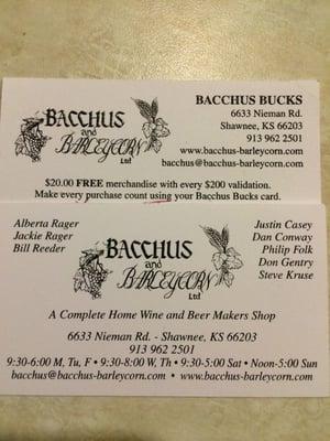 Bacchus Bucks card with every $200 spent get $20 back