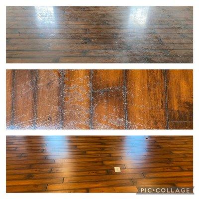 Laminate floor stripped of old wax build up & cleaned. Customer was going to replace them.