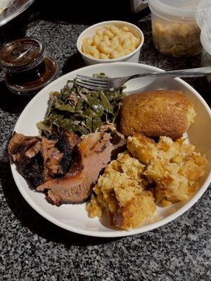 Brisket, Corn Pudding, Collard Greens with Pork, Mac & Cheese and Cornbread. SO GOOD.