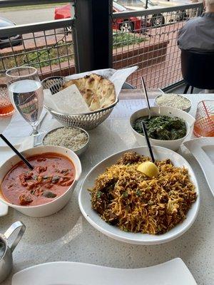 Chicken tika masala, lamb biryani, and palak lamb