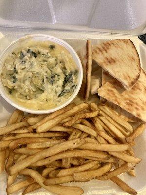 Baked Spinach & Artichoke Dip, pita, and fries