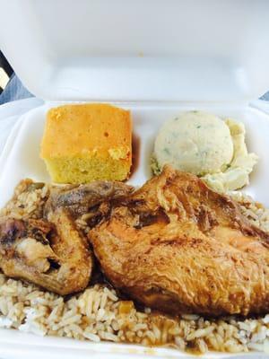 Smothered chicken (white meat) with gravy and rice potato salad and cornbread!!  Saturday only