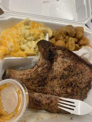 Baked pork chop, fried okra, mac and cheese