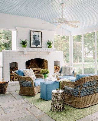 Wicker furniture in a patio design by Jamie Merida Interiors