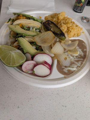 Chicken tacos with beans and rice ....