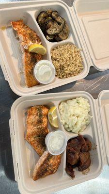 Grilled Salmon with mashed potatoes and plantains