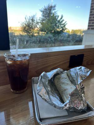 Bacon burrito & black ice tea