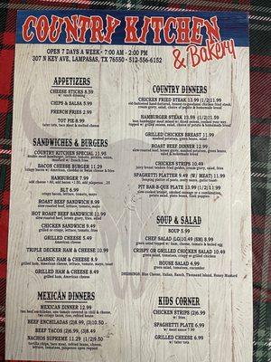 Lunch/dinner menu