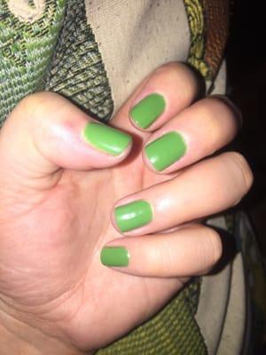 Ready for St Pat's Day.  Manicure felt rushed! I wish a third coat had been applied. Nails look okay though.