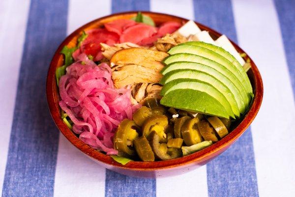 California Dreaming: Slow Cooked Pulled Chicken, Avocado, Pickled Jalapeños, Pickled Red Onions, Pickled Radishes, Goat Cheese & Scallion