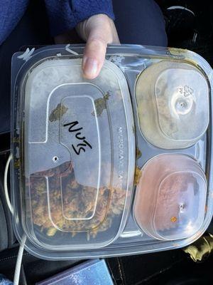 To go lunch  - Vegetable Curry, chicken tikka masala (or possibly butter chicken), fried veggie pakoras, saag, Chicken Biryani, white rice!