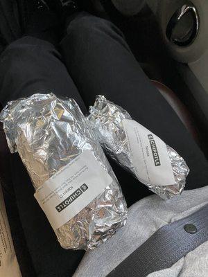 Two burritos, very different in portion and size. The steak one was over $12!!