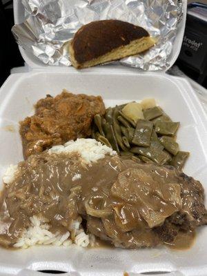 Hamburger steak Thursday special, yams, green beans