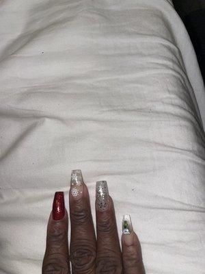 Same, inconsistent shaping of the nails. Very telling of the experience level of the nail tech.