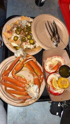 Snow crab, pulled pork nachos, lobster tails