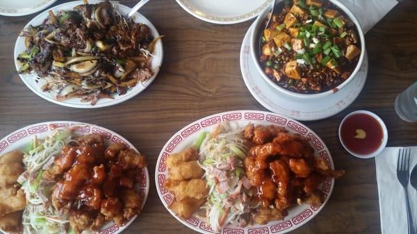 Mongolian beef, mata tofu, fried shrimp and pick two, both with chow mein and sweet and sour chicken