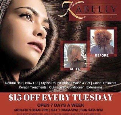 Every Tuesday receive$15 off on any hair style KDS