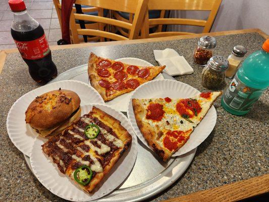 Clockwise: Pepperoni, Margherita, BBQ Pulled Pork, and the  Eggplant Garlic Knot Sandwich