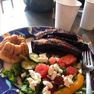 Baby back ribs, watermelon feta salad and Brazilian cheese bread.