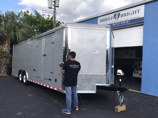 Polishing metal and then coating this trailer for ease of cleaning