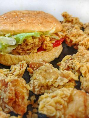 Popcorn chicken, fried chicken sandwich