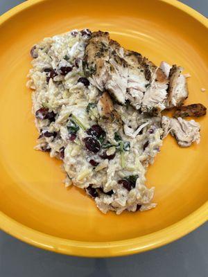 Chicken and orzo risotto with cranberries.