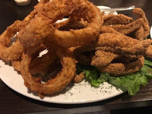 Catfish strips and onion rings