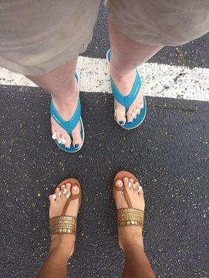 Our toes look amazing! I got a matte peach color and she got a deep blue with a chrome like shine.