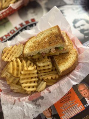 Hawaiian grilled cheese and waffle fries