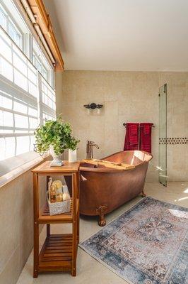 Master Bathroom Remodel in Dulles, VA with free-standing copper bathtub & brass fixtures