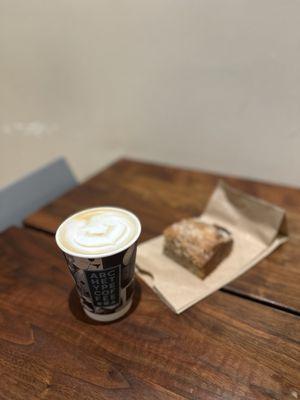 Pistachio rose latte and sweet corn coffee cake