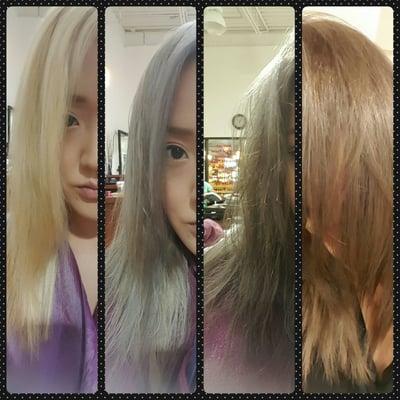 L2R: before and after transformations. I showed a picture and asked for caramel brown hair with golden highlights.