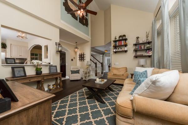 Wide dark stained oak wood floors.