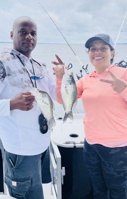 Husband and Wife Chip and Nyya on a guided crappie fishing trip on Sardis Lake with Barton Outfitters