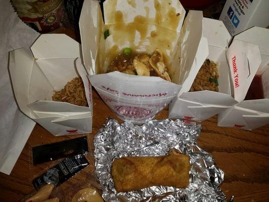 What's left of my son's favorite carryout meal. Almond chicken, egg rolls and fried rice.