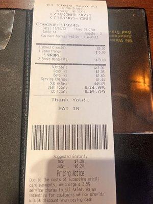 The Receipt. I was charged a food tax, beverage tax, a service charge and suggested 18% gratuity or 20% gratuity.