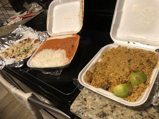 Garlic naan, butter chicken special and lamb Briyani