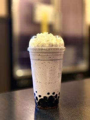 Taro slush with boba and whip cream