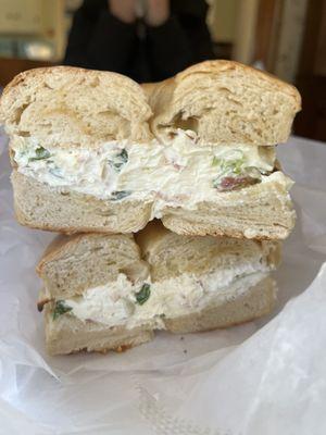 Cheddar bagel with bacon scallion cream cheese.