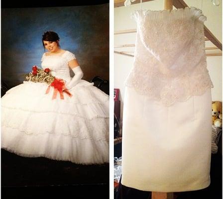 Judy's transformation! Justin Alexander gown; from a 2006 High School Cotillion Ball to an elegant 2014 rehearsal dinner dress!