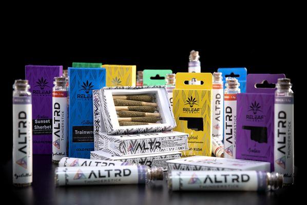 Assortment of local grown quality cannabis products including pre-rolls, infused pre-rolls, and vapes