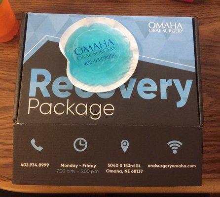 Recovery box with post op instructions and soft food recipes inside and comes with a convenient ice pack for the way home.