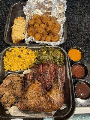 3 Meat Sampler Smoked Ribs Brisket  Smoked Leg Quarter Fried Okra Collard Greens Pigeon Peas And Rice Cornbread