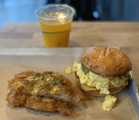 Soft Scrambled Egg Sandwich (~$9), Waffle Iron Hashbrown (~$6), and Fresh Squeeze OJ (~$5).