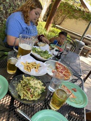 Garlic fries, pepperoni pizza, pesto cream veggie pasta, & MadeWest Standard Beer.