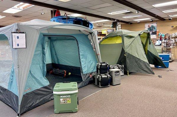 Full-size tents, set up.