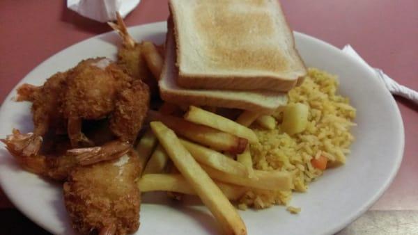 Fried breaded shrimp, french fries, rice and toast