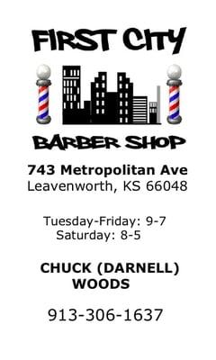 Chuck (Darnell) Woods, owner & barber, cell - 913-306-1637