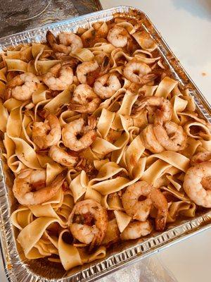 SHRIMP MARECHIARA - Shrimp over papadelle pasta in a plum tomato sauce w/ clams garlic and garlic. So good.