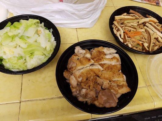 Menu For 7/3/18 (different menu each day): Small Chicken Steak Crispy, Sauteed Cabbage, Stir Fried Celery w/ Bean Curd & Shredded Pork